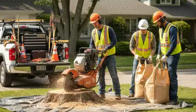 Denver, CO stump removal crew clearing a yard with professional tree service equipment