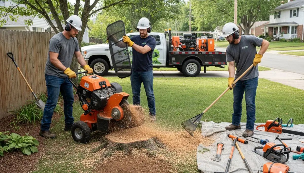 Denver, CO tree service crew removing a stump for safe, clean yard clearing