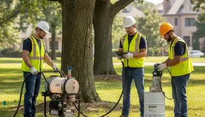 Tree service crew fertilizing trees in Denver, CO for healthier growth and care