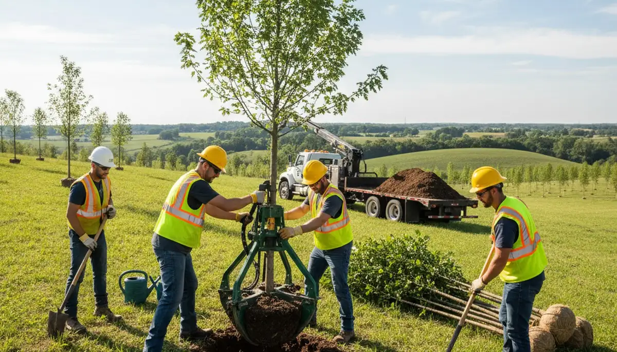 Denver, CO arborist planting a young tree for a local tree service project