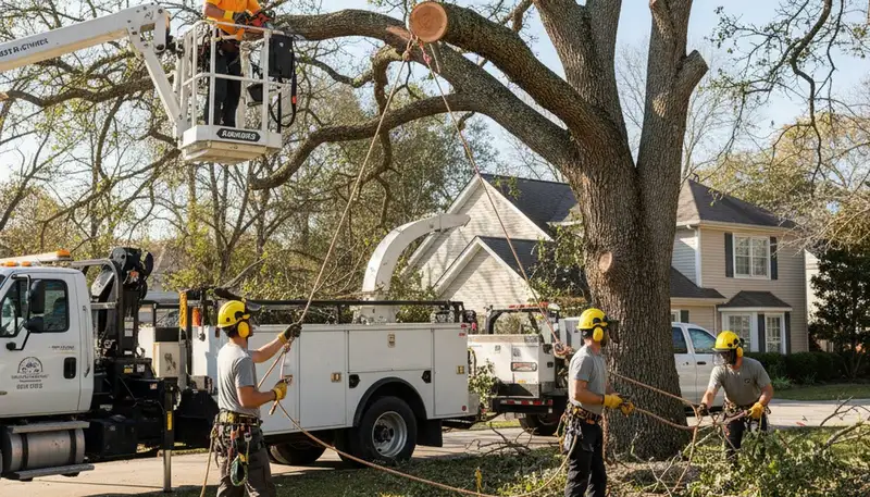 Denver tree removal crew safely removing a hazardous tree in a residential yard