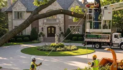Tree service crew in Denver, CO performing professional tree removal for a local property