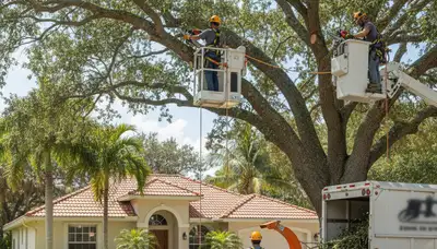 Tree service crew in Denver, CO performing professional tree removal and trimming for homeowners