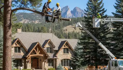 Tree service crew in Denver, CO providing professional tree removal for a local business site