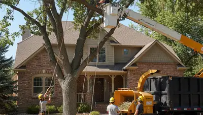 Tree service crew in Denver, CO providing professional tree removal and trimming on a residential property