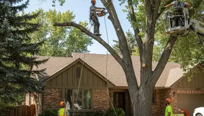 Denver, CO tree service crew providing safe tree removal for a residential property